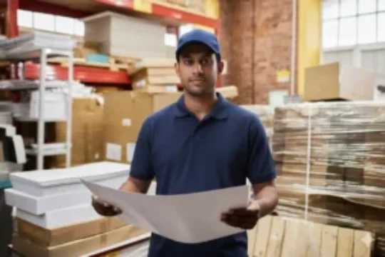 Staff carrying paper stacks labeled 80gsm, 120gsm, and 300gsm to illustrate GSM thickness differences